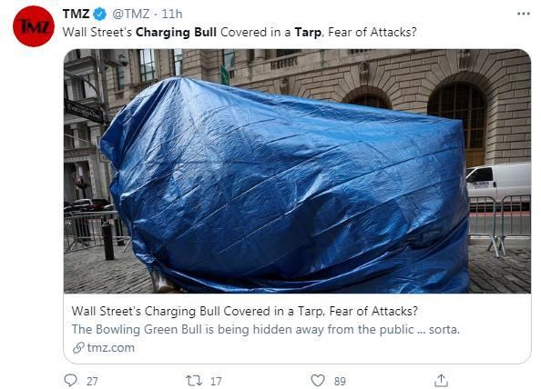 担忧遭到破坏？美纽约“华尔街铜牛”被布裹起